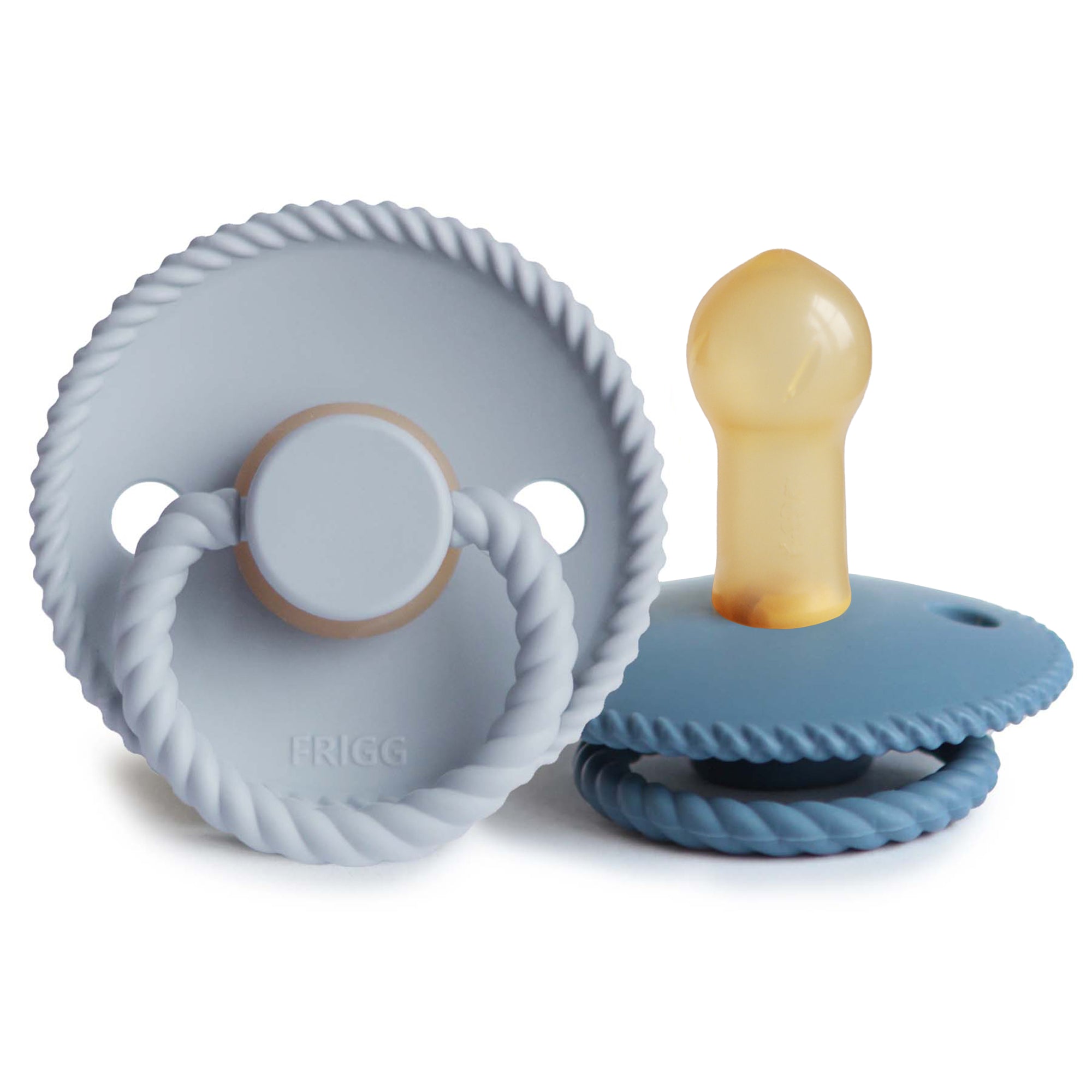 Mushie FRIGG Rope Pacifier 2-Pack, Powder Blue/Ocean View—natural rubber baby essentials.