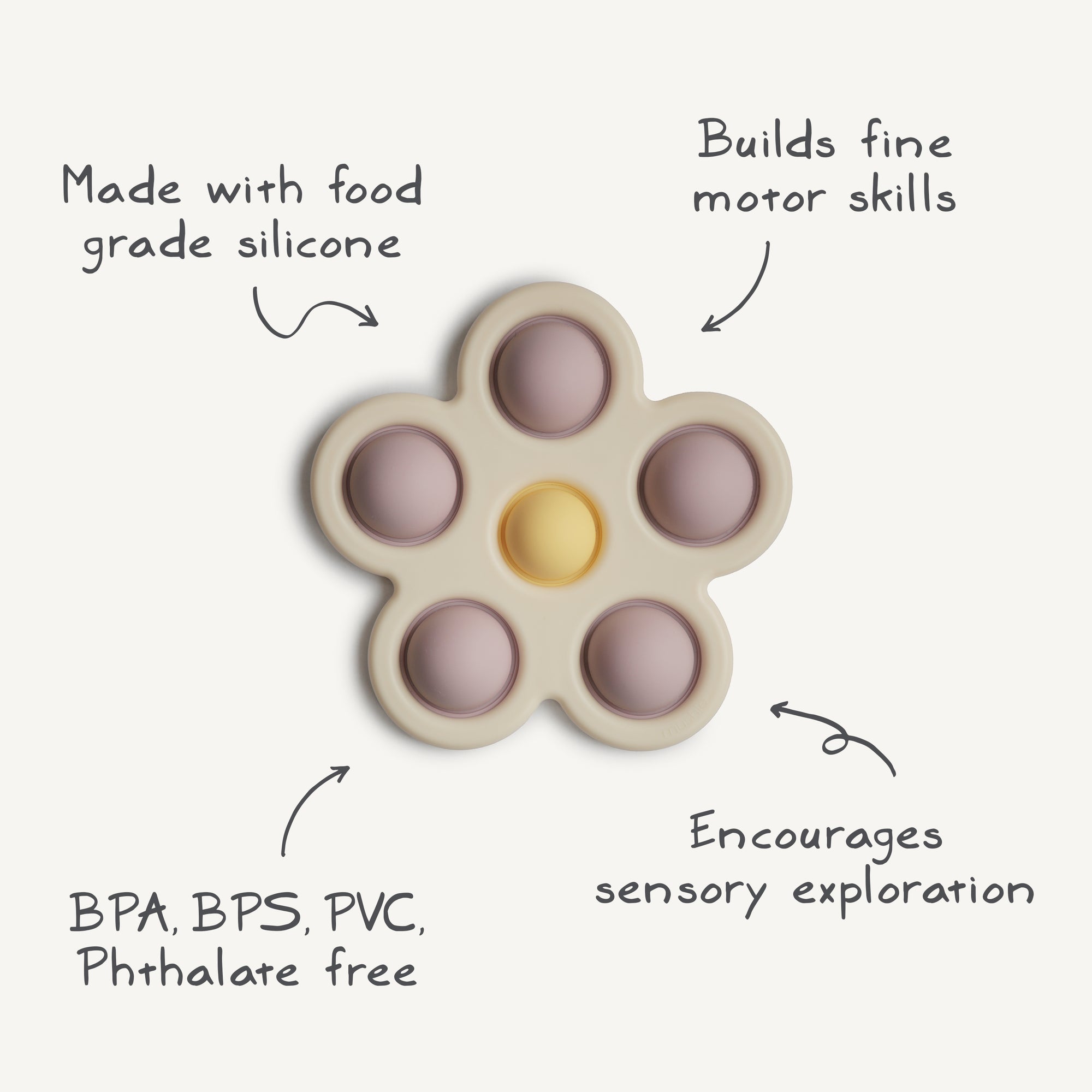 The mushie Flower Press Toy features six popper bubbles and is made from food-grade silicone, free of BPA, BPS, PVC, and phthalates. It supports fine motor skill development and sensory play, with petal text highlighting its benefits.