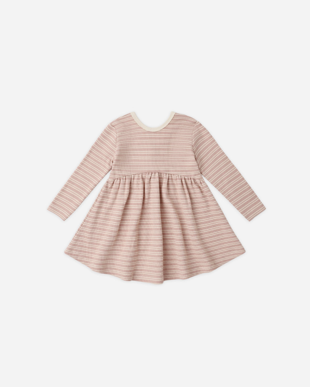 Rylee + Cru Ribbed Long Sleeve Dress in Dusty Rose Microstripe, flared on white background.