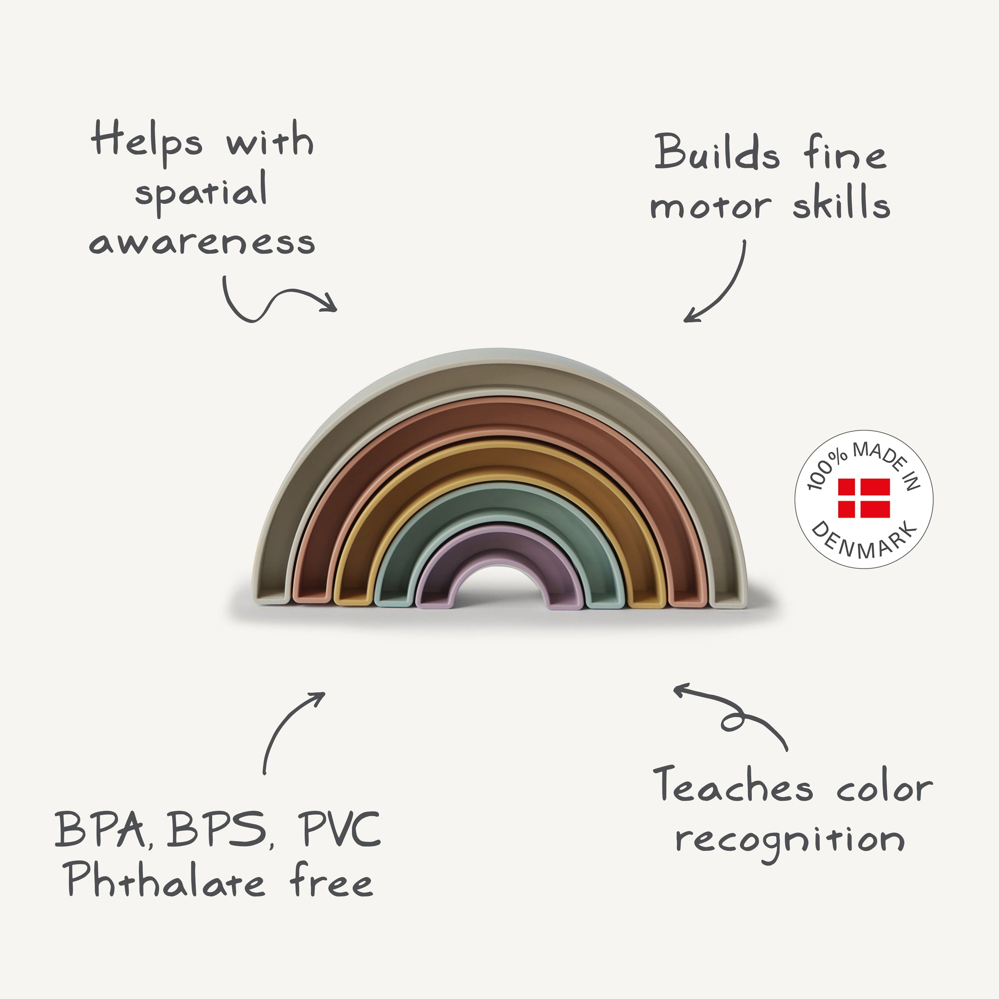 The mushie Rainbow Stacker Toy, made 100% in Denmark, helps develop spatial awareness, fine motor skills, and color recognition; it's also BPA, BPS, PVC, and phthalate free.