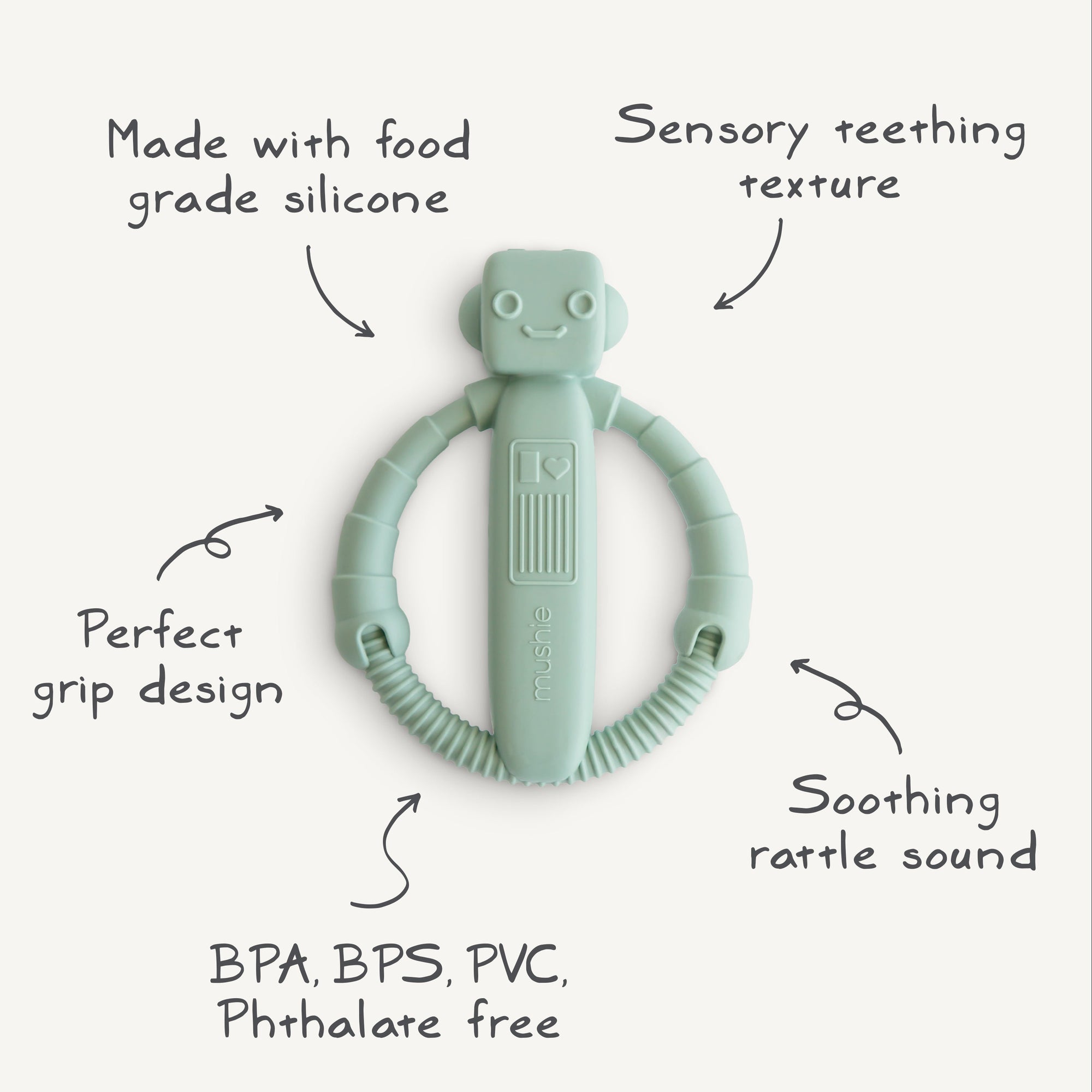 The mushie Robot Rattle Teether is a light green, robot-shaped baby teething toy made from food-grade silicone with sensory textures, an easy-grip design, soothing rattle sound, and free of BPA, BPS, PVC, and phthalates.