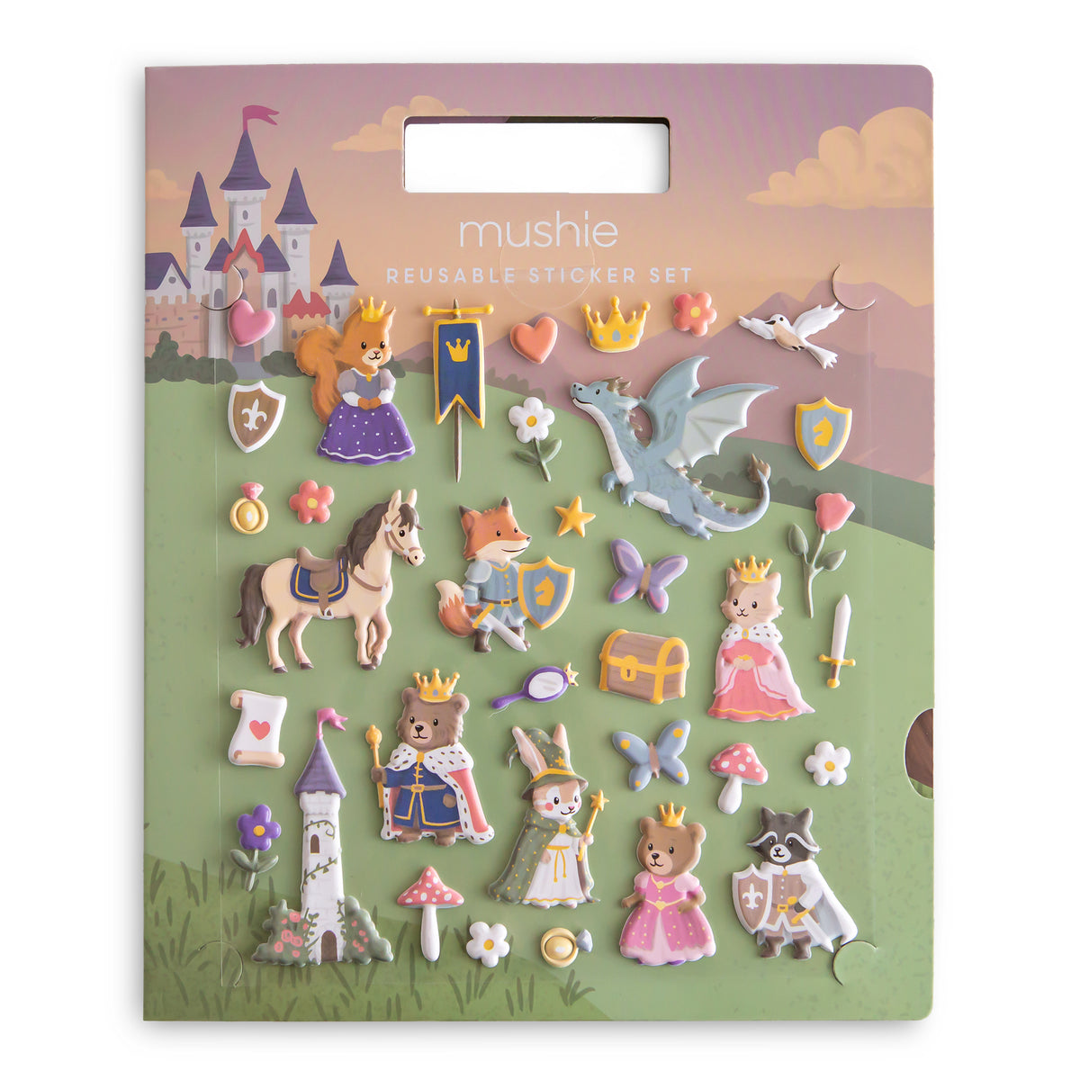 Mushie Reusable Sticker set featuring animal characters in medieval royal attire and fantasy motifs.