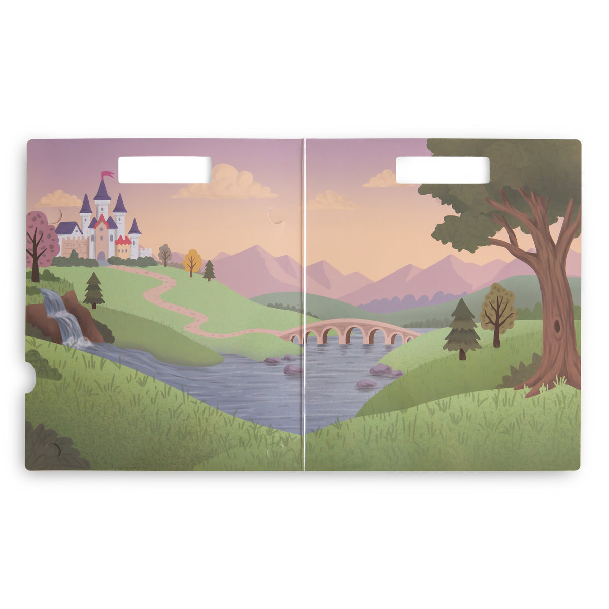 Folding mushie Reusable Sticker Set play surface with an illustrated castle, river, and bridge.