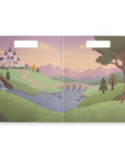 Folding mushie Reusable Sticker Set play surface with an illustrated castle, river, and bridge.