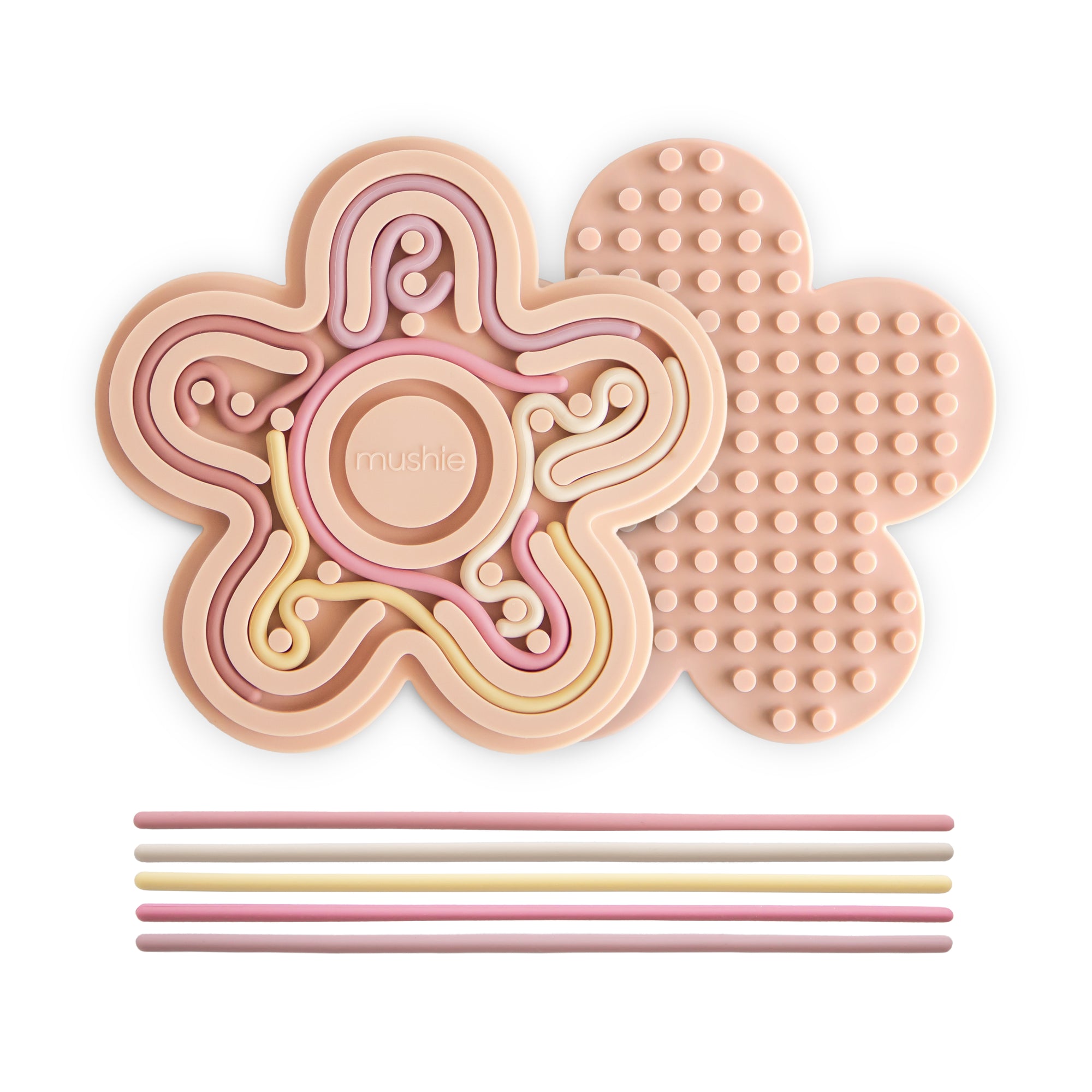 Mushie Silicone Sensory Toy in Petal: 2 mats and 6 sticks for fine motor play on white background.