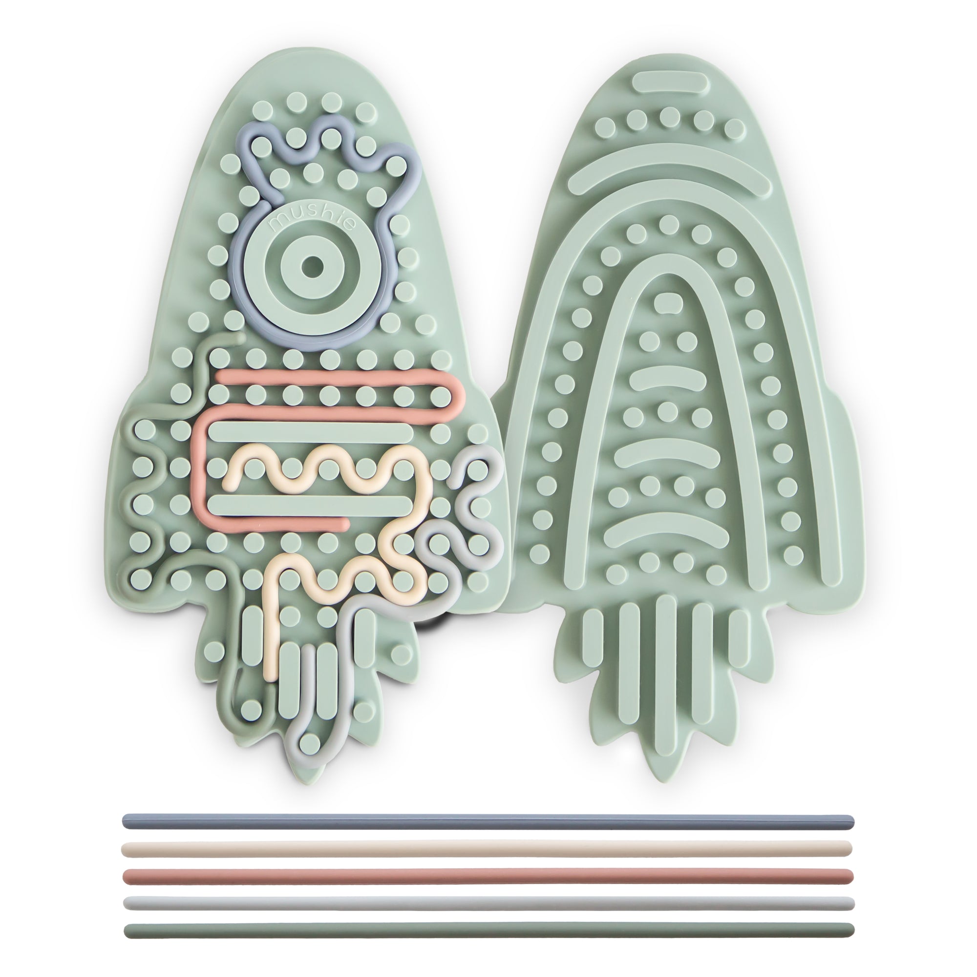 Two mushie Silicone Sensory Toys in Rocket color, each with textured patterns and fidget sticks.