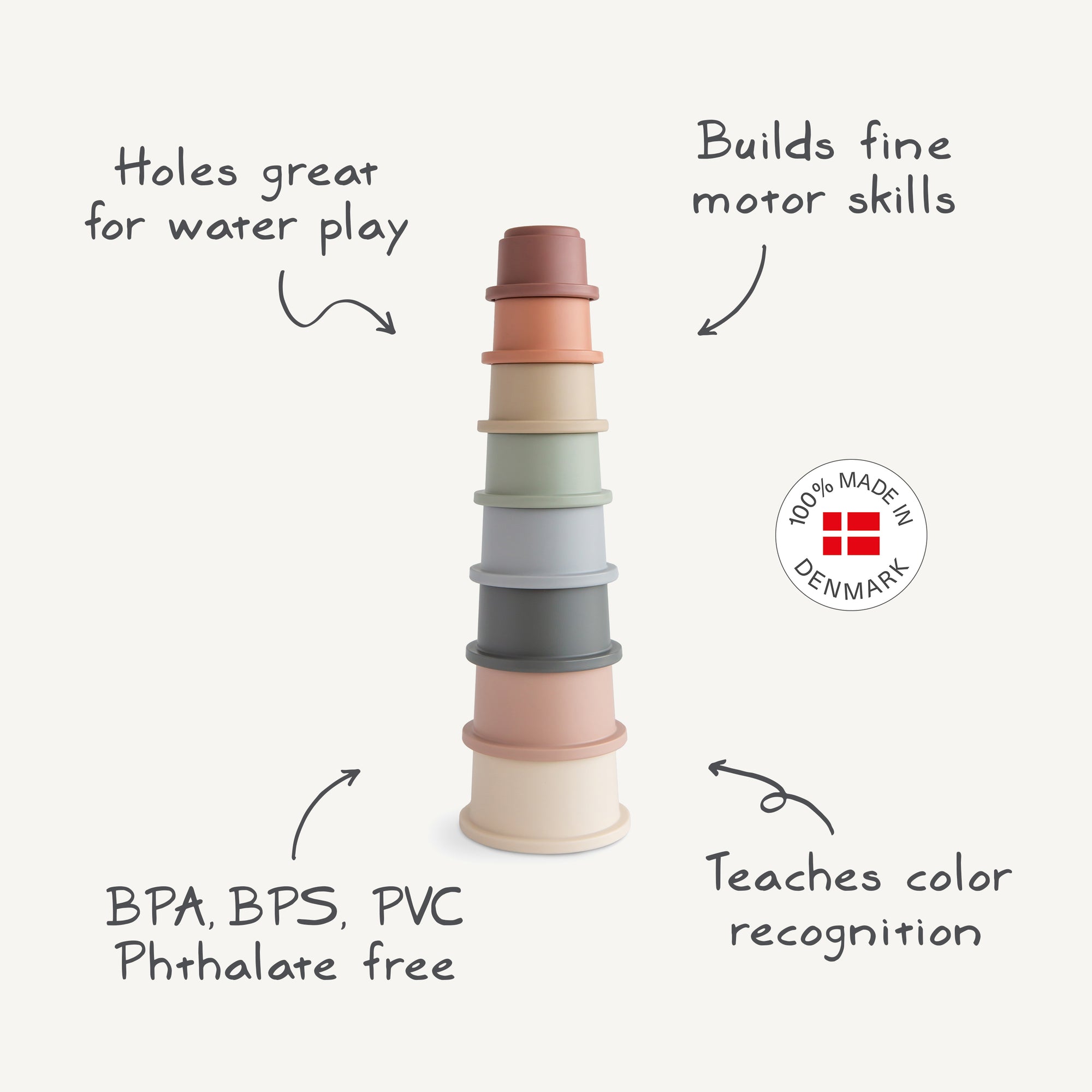 Mushie Stacking Cups Toy: boosts skills, color learning, and brings Danish Hygge for babies.