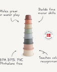 Mushie Stacking Cups Toy, inspired by Rundetårn, benefits & Made in Denmark badge.