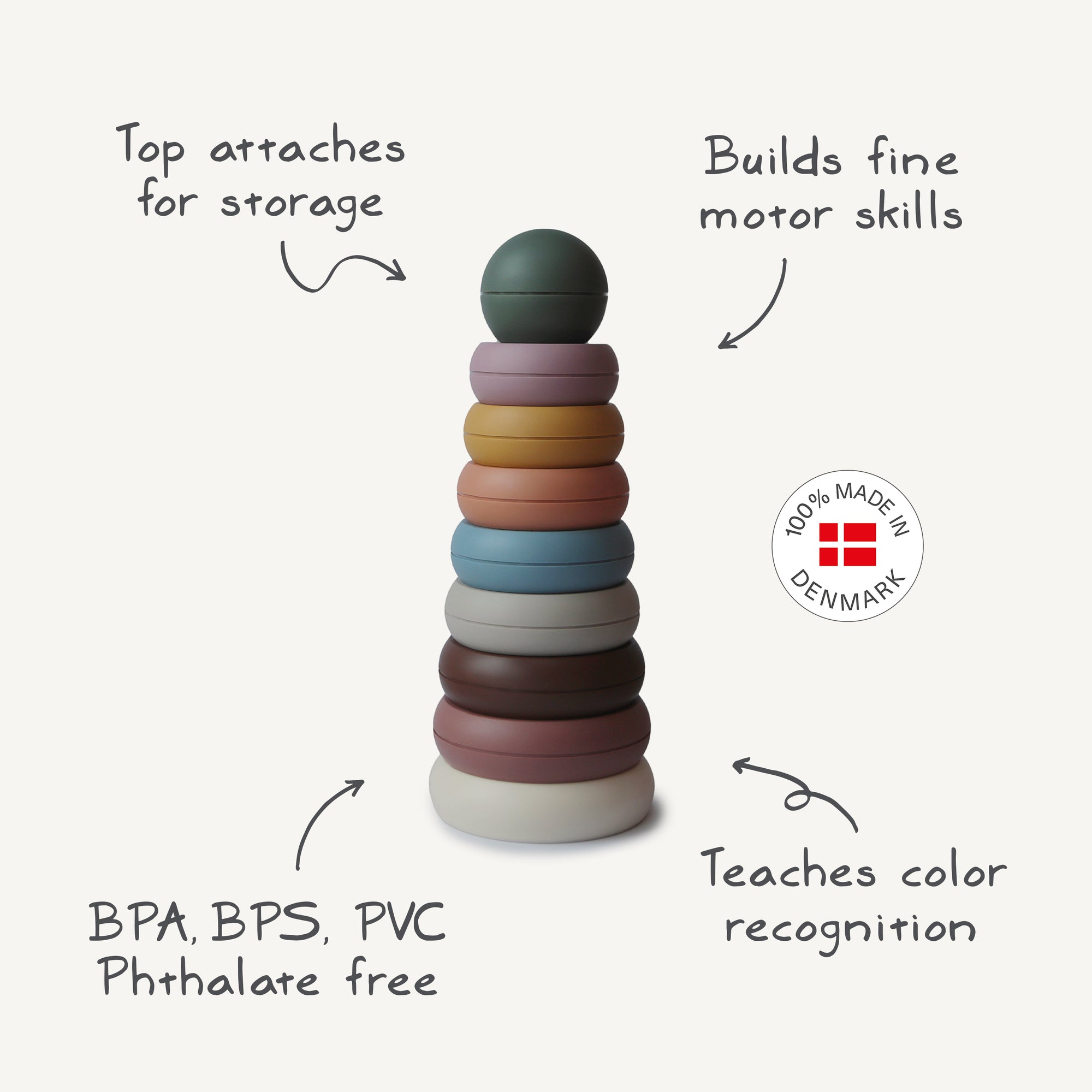 The mushie Stacking Rings Toy features ten colorful, round, non-toxic pieces for building fine motor skills and teaching color recognition. BPA, BPS, PVC, and phthalate free with storage top. Made in Denmark.