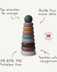 The mushie Stacking Rings Toy features ten colorful, round, non-toxic pieces for building fine motor skills and teaching color recognition. BPA, BPS, PVC, and phthalate free with storage top. Made in Denmark.