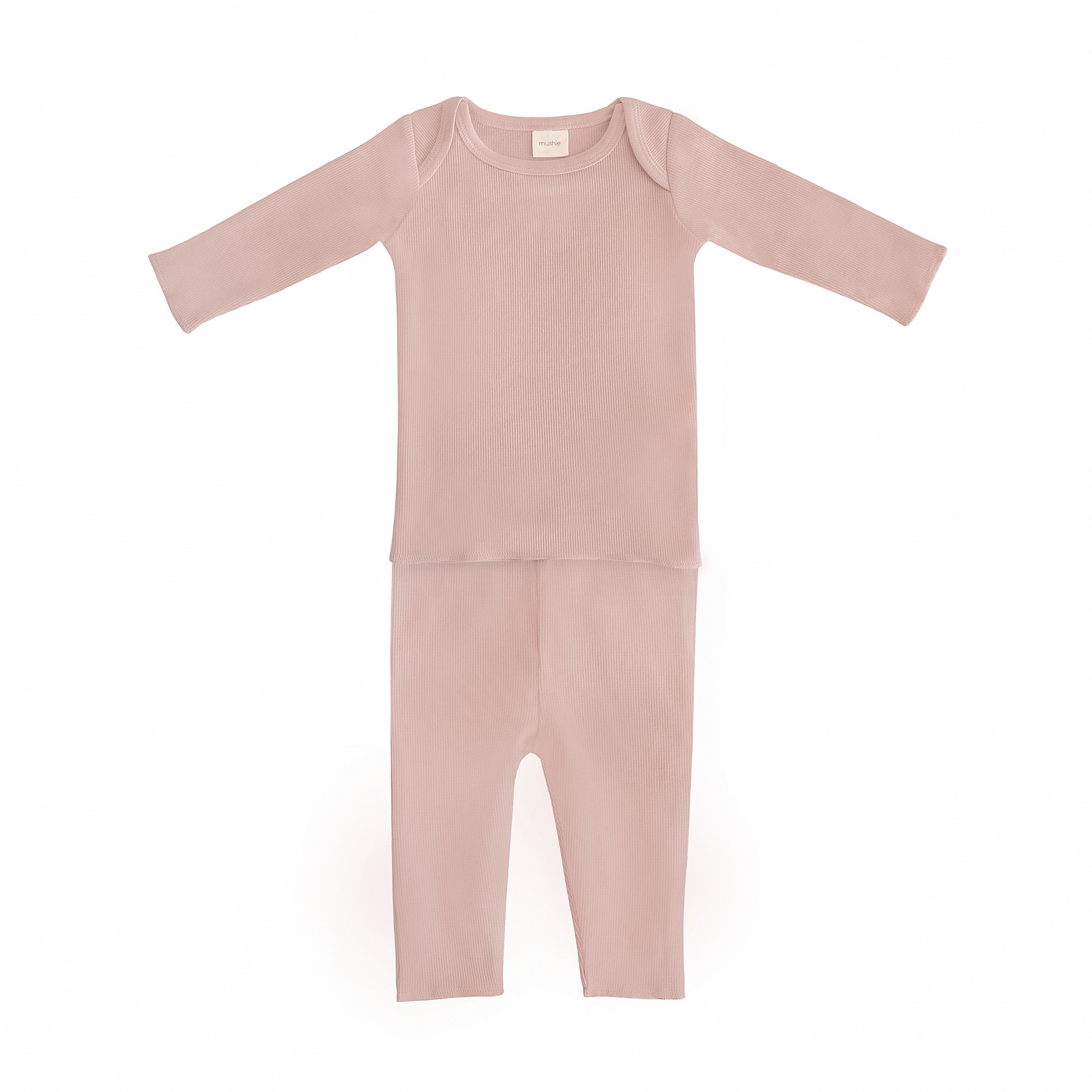 Mushie Two Piece Set: light pink organic cotton baby shirt & pants, laid flat on white.