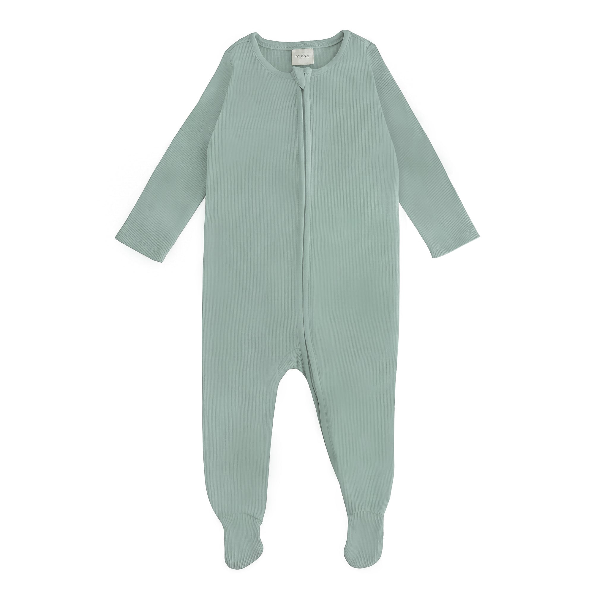 Mushie Zipper Pajama in light green with long sleeves—ideal cozy sleepwear for babies.