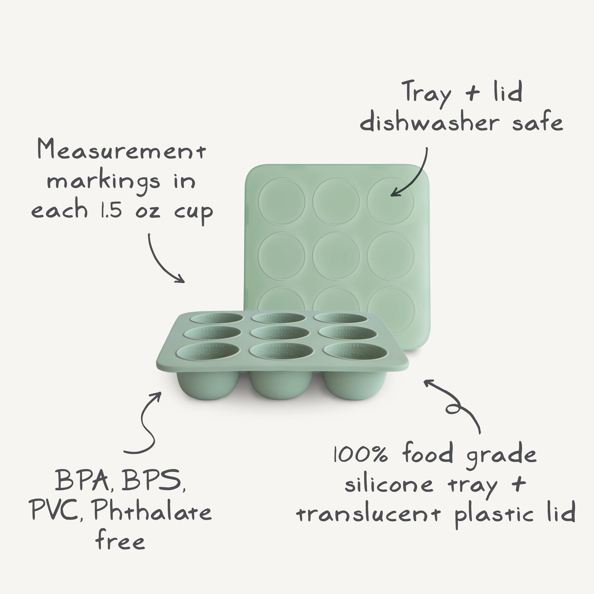 The Mushie Baby Food Freezer Tray is a mint green, BPA-free, 100% food grade silicone tray with nine 1.5 oz round cups and a matching translucent lid. It's dishwasher safe and free from BPS, PVC, and phthalates—ideal for baby food storage.
