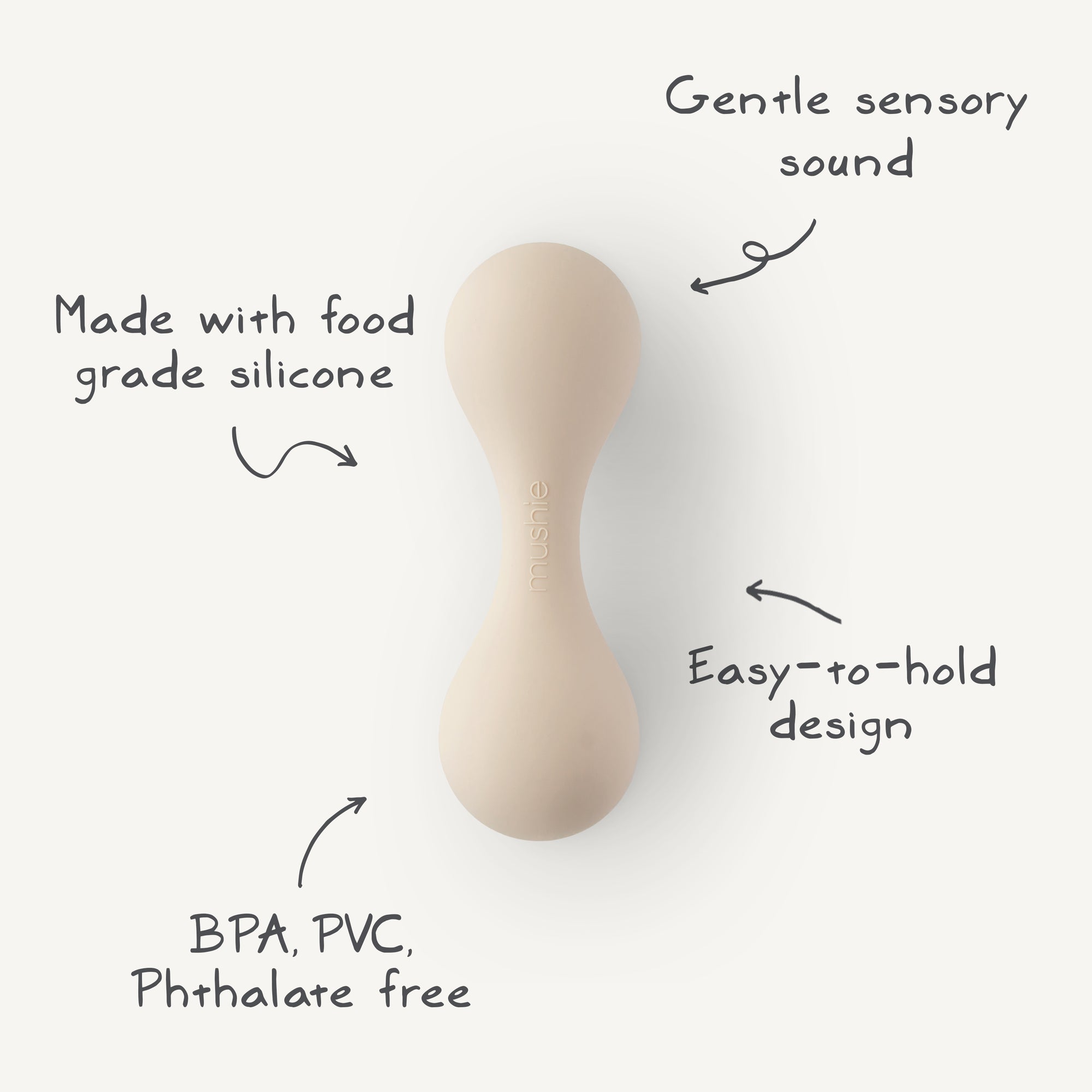 The mushie Silicone Baby Rattle Toy features an hourglass shape, gentle sensory sound, easy-to-hold design, and is made from food-grade silicone that’s BPA, PVC, and phthalate free for a safe sensory experience.