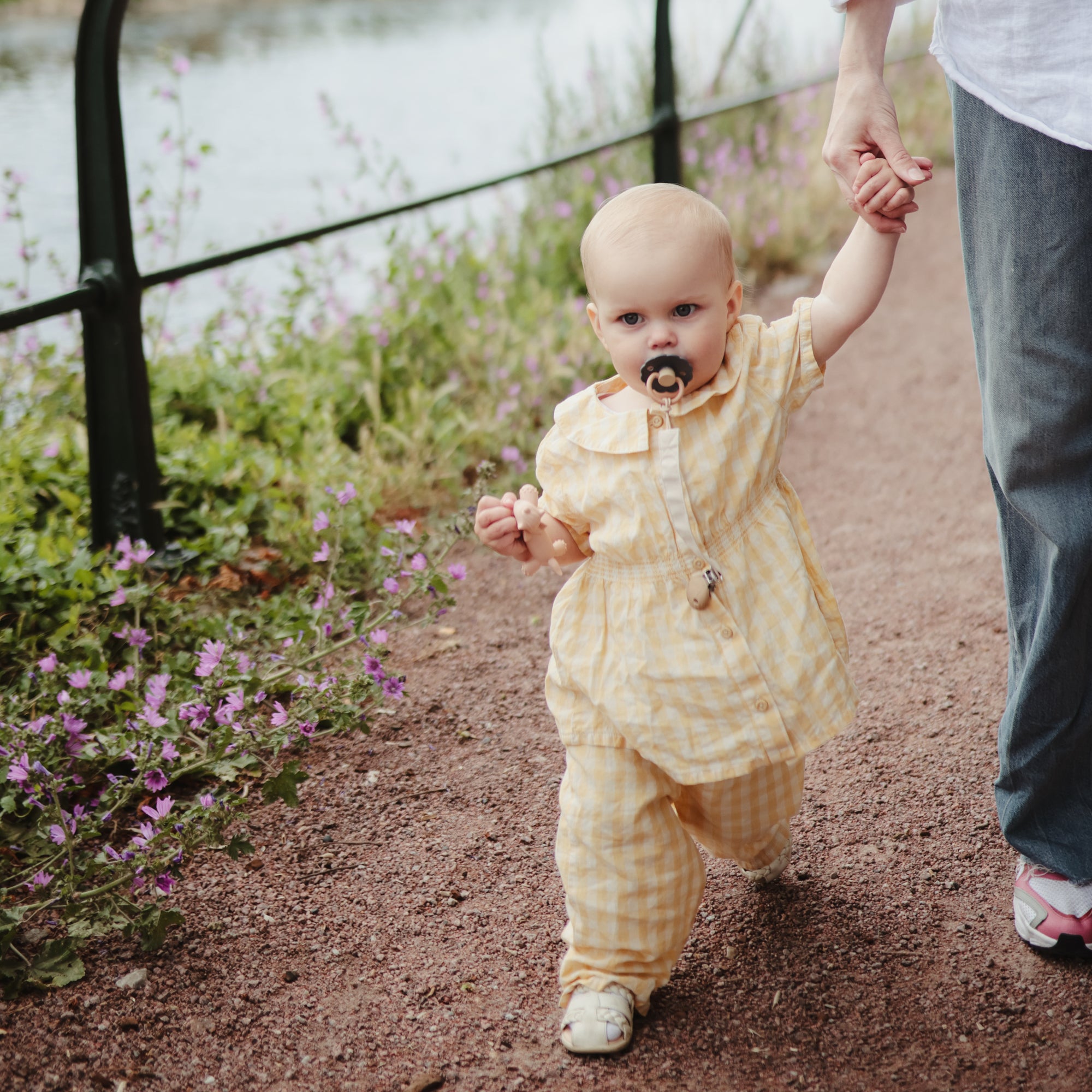 A toddler holds an adult’s hand while walking on a gravel path, using a FRIGG Daisy Natural Rubber Pacifier. She's dressed in yellow checks, with purple flowers and water visible in the background.