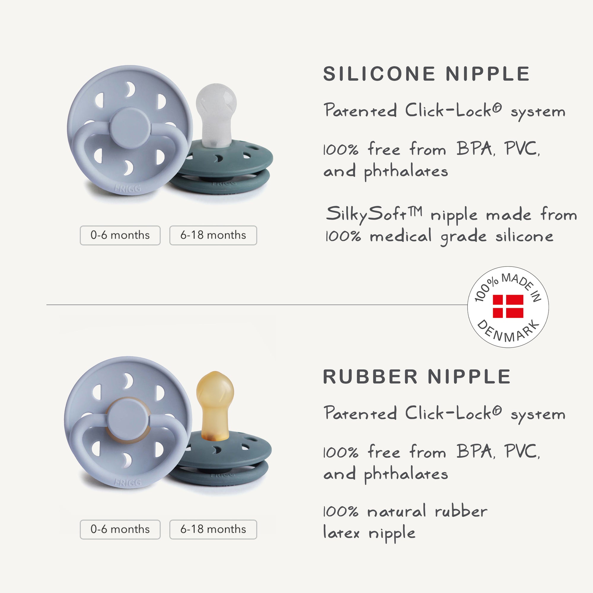 Two baby essentials: FRIGG Moon Natural Rubber Pacifier 2-Pack, Limited Edition.