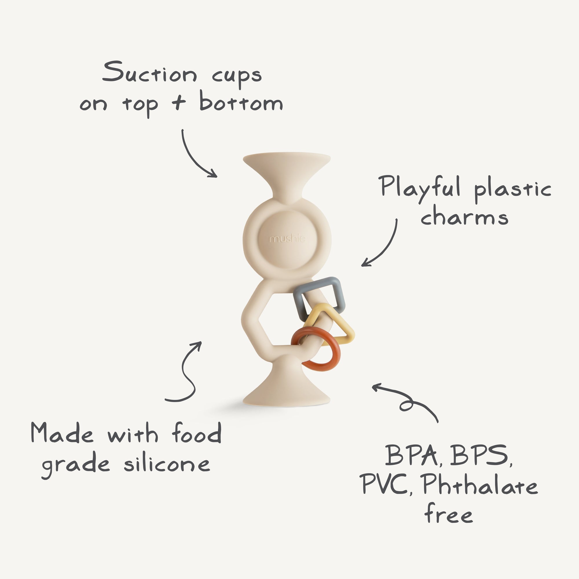 The mushie HexaPop Suction Toy is a travel-friendly baby toy made from food grade silicone, free of BPA, BPS, PVC, and phthalates. With suction cups, a handle, and three colorful charms, it’s perfect as an on-the-go sensory toy.