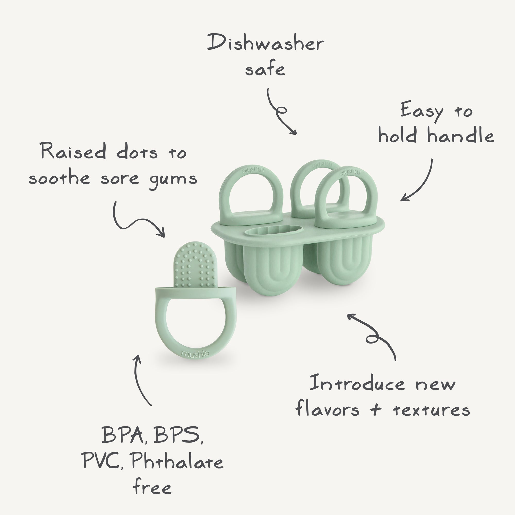 The mushie Toddler Ice Pop Tray is a light green silicone mold with four handles. Dishwasher safe, easy to hold, and BPA/BPS/PVC/phthalate free, it features raised dots for sore gums and helps introduce new flavors and textures.
