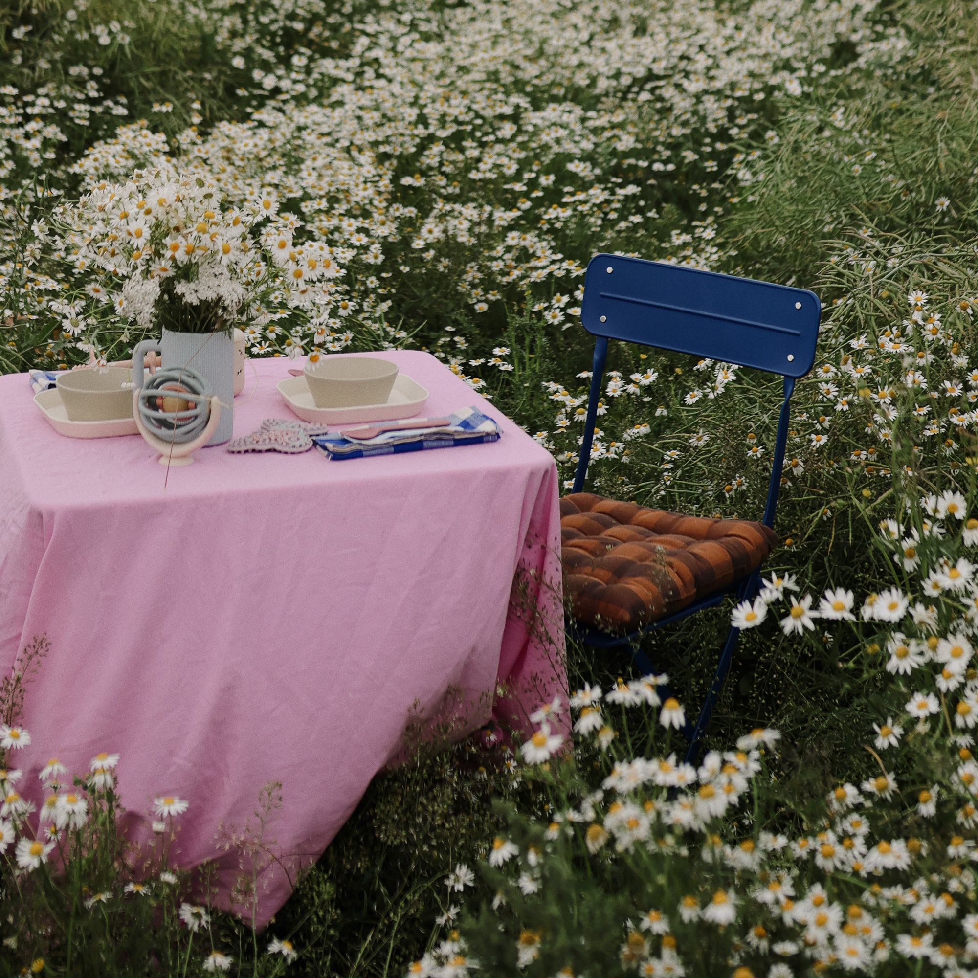 Table with mushie Round Dinnerware Bowl, pink cloth, and flowers in a field by a blue chair.