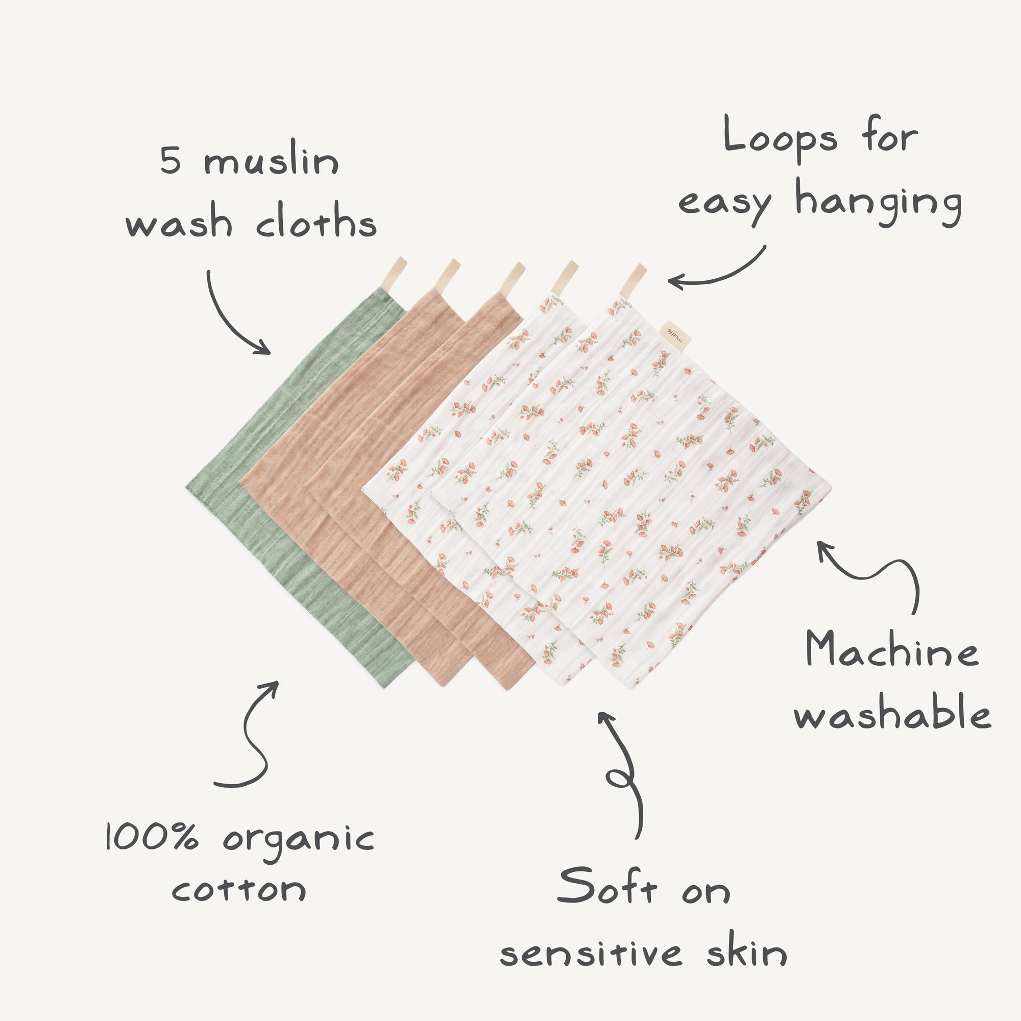 The mushie Muslin Cotton Washcloth set includes five organic cotton washcloths in green, brown, and floral prints. Each features a hanging loop and is soft, machine washable, and ideal for sensitive baby skin.