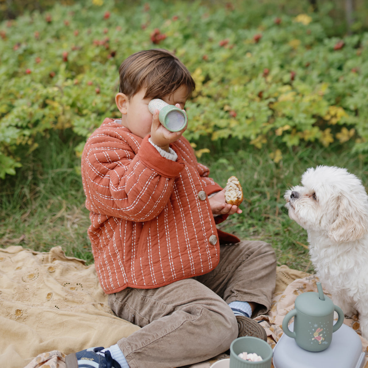 A child sits on a blanket using a mushie Kaleidoscopes next to a small white dog.