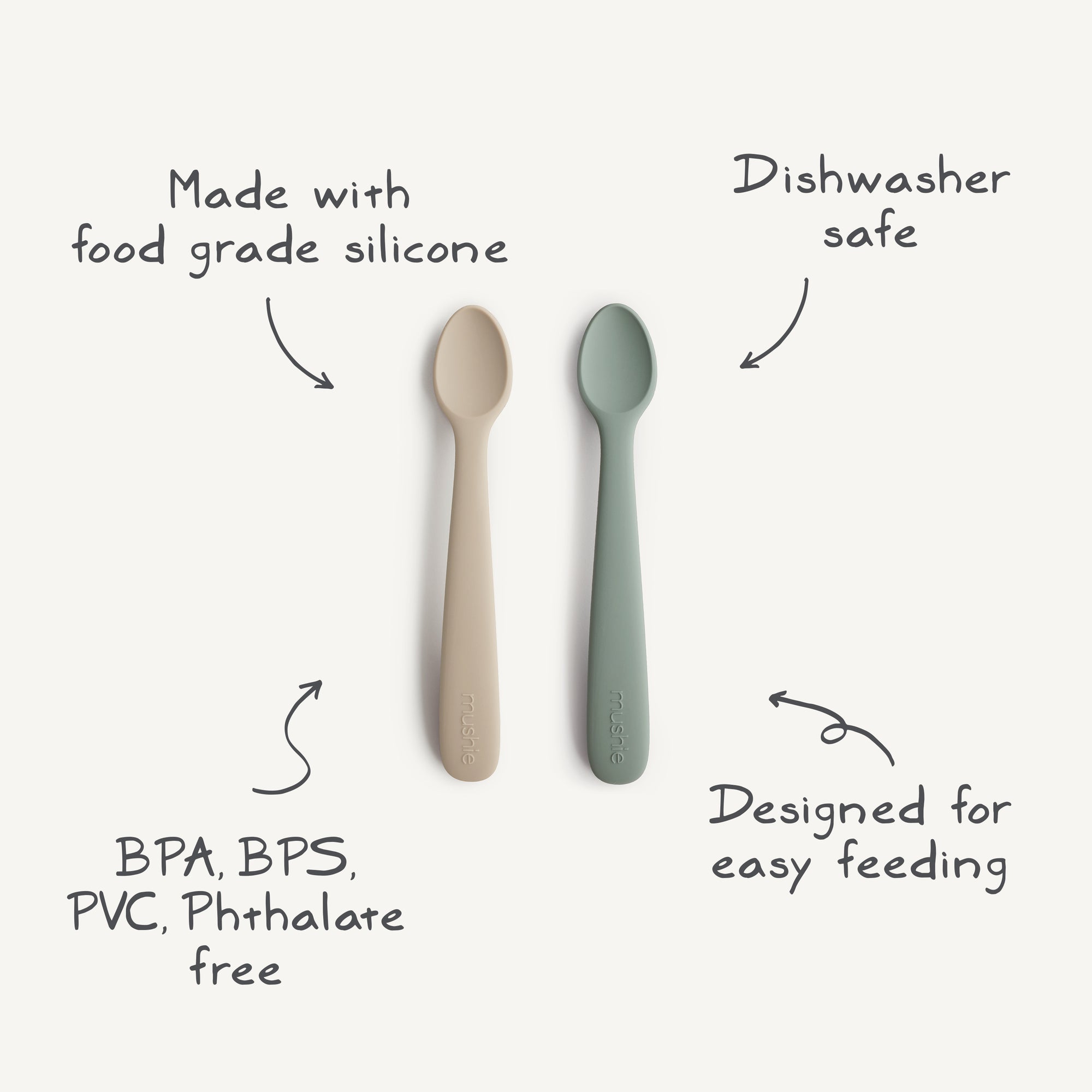 Mushie Silicone Feeding Spoons come in beige and green, made from food-grade silicone. BPA, BPS, PVC, and phthalate free, they're soft for gentle feeding and dishwasher safe for easy cleaning.