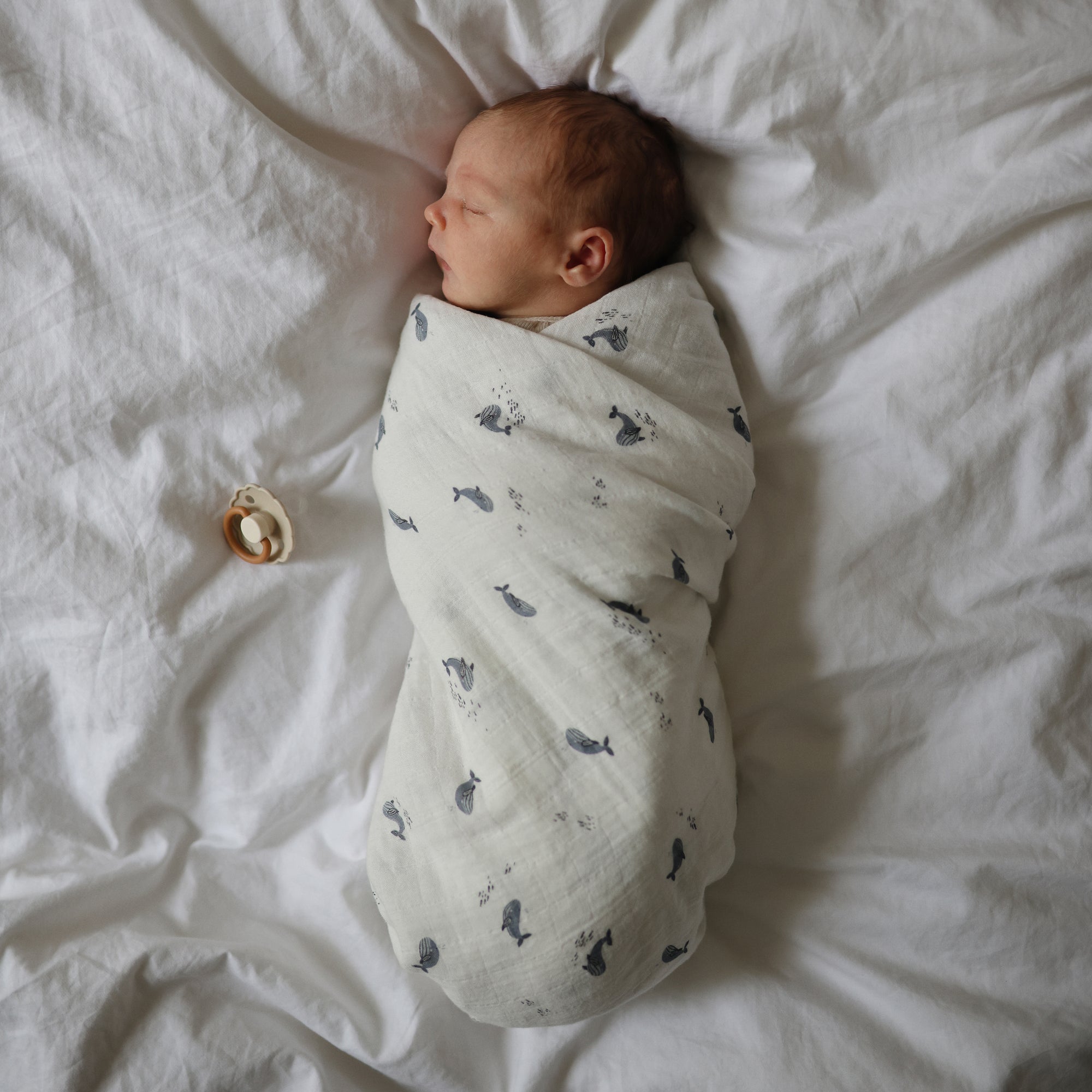 A newborn baby is swaddled in a mushie Organic Cotton Muslin Swaddle Blanket with whale prints, lying on a white bed, with an organic cotton pacifier placed nearby to the left.